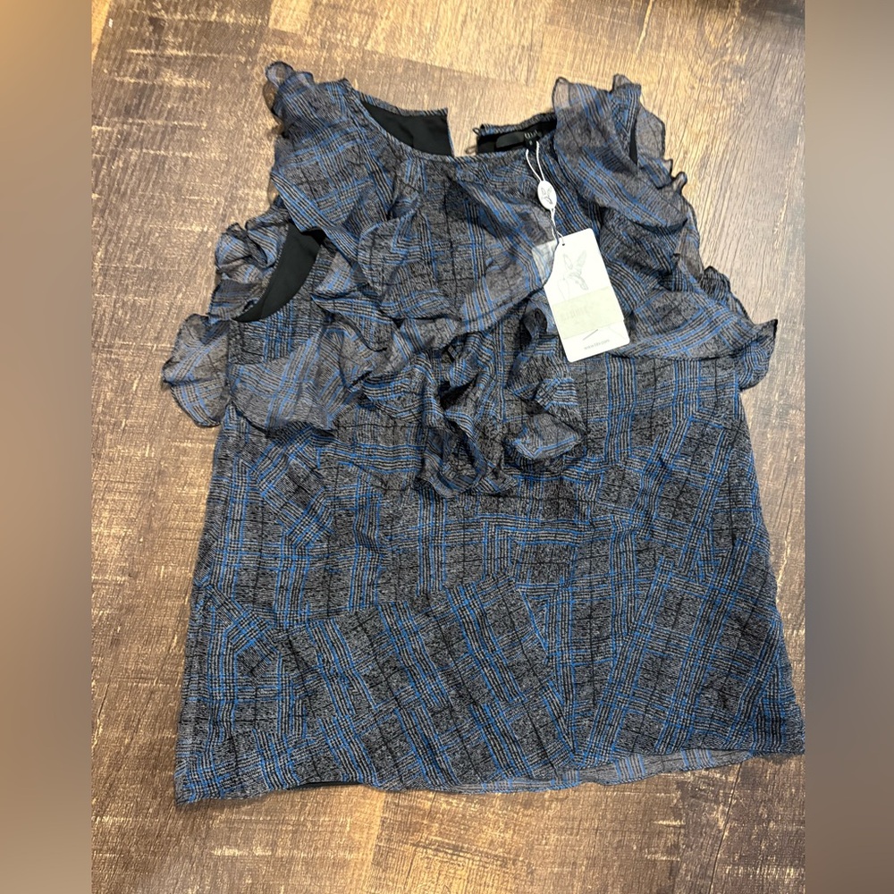 Tibi Blue & Black Ruffled Plaid Silk Top